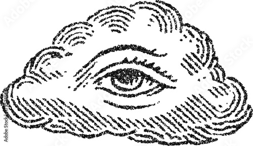 The All-Seeing Eye of Providence in a cloud, a classic occult, masonic and spiritual symbol. Vector illustration in a stipple engraving style, isolated on white