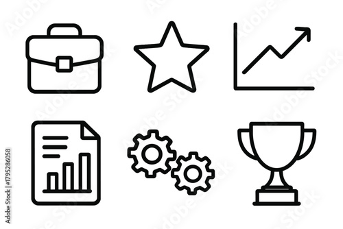 Icons of Success. Employee empowerment linear icons: briefcase, star, chart line, document chart, gears, trophy.