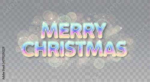 Elegant and festive text art design, the words Merry Christmas glow with a delicate rainbow effect, framed by bokeh lights, all set against a translucent background. vector illustration