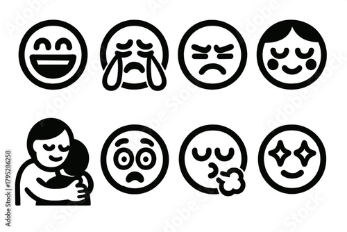 Brutalist Emotion Icons. Human Feelings silhouette icons set: laughter, cry, frustration, blush, empathy hug, nervous sweat, relief breath, dreamy eyes.