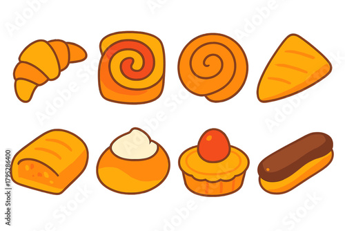 Vibrant Pastry Icons. Pastries Set in modern flat vector in minimalistic vibrant color design: croissant, danish pastry, cinnamon roll, puff pastry, strudel slice, creamfilled bun.