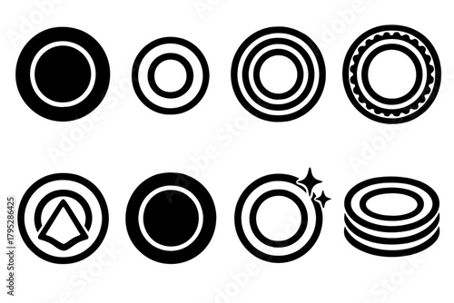 Elegant Plate Icons. Elegant Plates Icons silhouette icons set: dinner plate, dessert dish, layered set, patterned rim, plate with napkin, charger, sparkle ring, stacked plates.