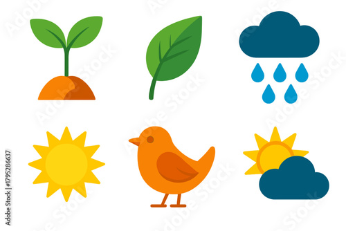 Spring Icons Collection. Spring Renewal in modern flat vector in minimalistic vibrant color design: Sprout, Leaf, Rain, Sun, Bird, Cloud.