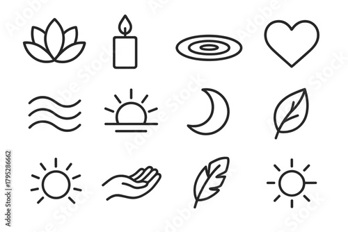 Mindful Icon Collection. Mindful Balance linear icons: lotus flower, candle, water ripple, heart, breath wave, sunrise, moon, leaf, aura ring, hand, feather, calm glow.
