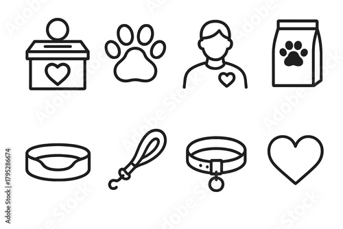 Pet Shelter Essentials. Shelter Support Set linear icons: donation box, paw print, volunteer, food bag, bed, leash, collar, heart.
