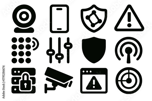 Brutalist Monitoring Icons. Remote Monitoring silhouette icons set: webcam icon, mobile display, security network, alert symbol, sensor grid, control panel, shield icon, streaming.