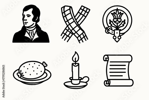 Scottish Symbols Outline. Burns Night Heritage Celebration linear icons: poet silhouette, tartan sash, Scottish crest, haggis dish, candle, scroll.