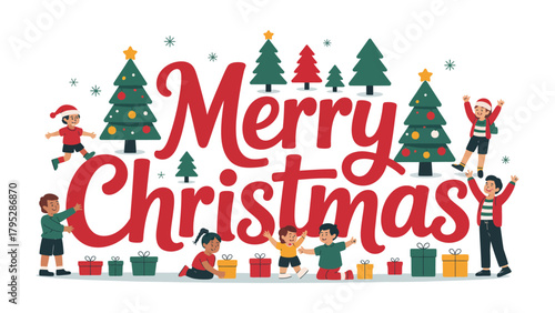 Joyful Christmas Celebration: Festive scene with children, presents, and Christmas trees creates a heartwarming holiday feel. 