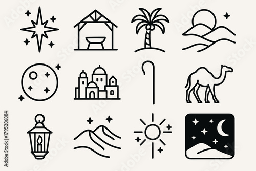 Bethlehem Christmas Icons. Christmas Bethlehem Skyline linear icons: Bethlehem star, stable, palm tree, desert hill, glowing moon, city skyline, shepherd’s staff, camel, lantern.