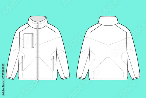 Men’s Quilted High-Neck Zip Jacket Technical Flat Sketch Vector illustration Template.