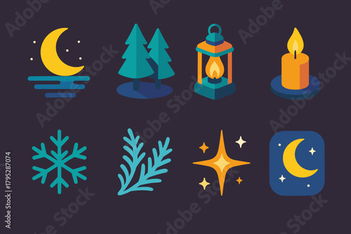 Calm Night Icons. Longest Night Calm flat icons: moonrise, pine grove, lantern, candle, snowflake, frost, sparkle, sky.