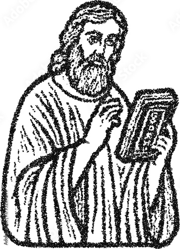 Byzantine-style stipple illustration of a saint, apostle, or religious figure holding a holy book. Vector artwork for themes of Christianity, history, and faith