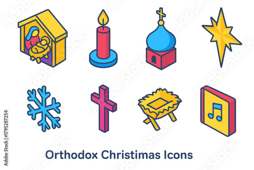 Orthodox Christmas Iconography. Orthodox Christmas Icons flat icons: nativity scene, candle, church dome, star of Bethlehem, snowflake, cross, manger, hymn book.