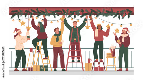 Festive Preparation: A group of individuals is gathered, diligently decorating a space, stringing lights, and adorning it with seasonal ornaments. It's a heartwarming display of teamwork.