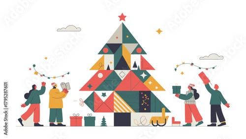 Joyful Gathering for the Season: people decorate a geometric christmas tree with ornaments, surrounded by gifts and festive cheer, painting a picture of togetherness and celebration.