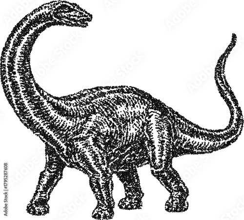 Majestic Brachiosaurus dinosaur with a long neck, illustrated in a classic stipple engraving style. Vector graphic for natural history, paleontology, and educational designs