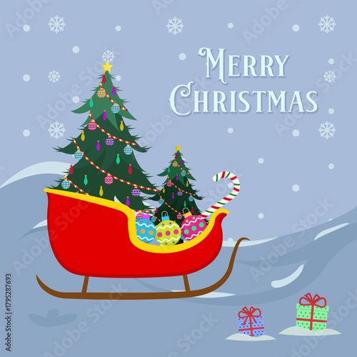 Merry Christmas card with Christmas Tree in Snow Valley