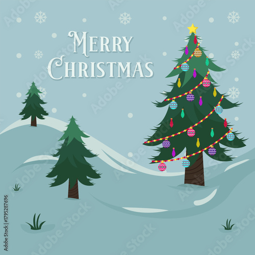 Merry Christmas card with Christmas Tree in Snow Valley