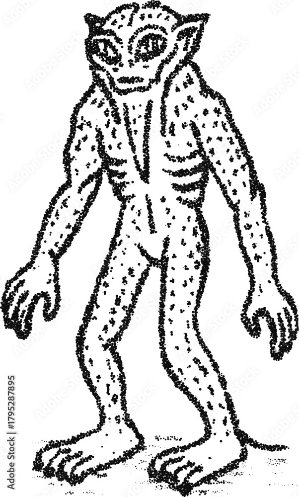 Fototapeta premium A slender, spotted alien creature standing upright, illustrated in a unique stipple style. Vector for science fiction, extraterrestrial encounters, and fantasy worlds, isolated on white