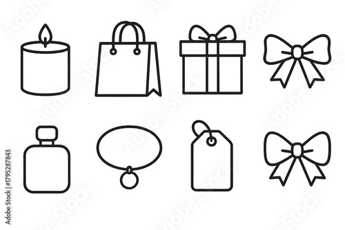 Stylish Gift Icons. Boutique Gift Set linear icons: candle, bag, box, ribbon, perfume, bracelet, tag, bow.