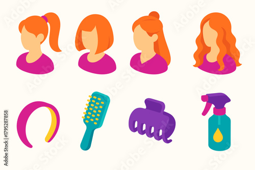 Modern Hair Icons. Modern Hair Looks flat icons: high ponytail, bob cut, halfup twist, long curls, headband, brush, clip, spray bottle.