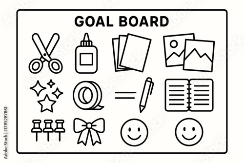 Vision Board Essentials. Creative Goal Board linear icons: craft scissors, glue bottle, colored paper, vision photos, glitter stars, tape roll, pen, notebook, pushpins, ribbon.