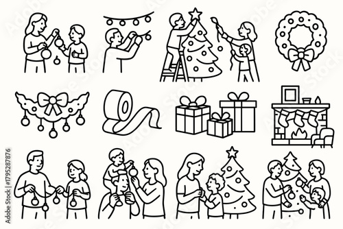 Family Christmas Decorating. Decorating Together linear icons: family with ornaments, Christmas tree, string lights, ladder, garland, star topper, wreath, ribbon spool, wrapped.