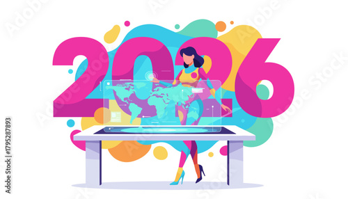 2026 global vision Woman using a futuristic interactive world map display for strategy and growth