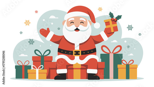 Santa's Festive Gifts: A jolly figure in a red suit surrounded by colorful wrapped gifts, embodying the spirit of joy and generosity. 