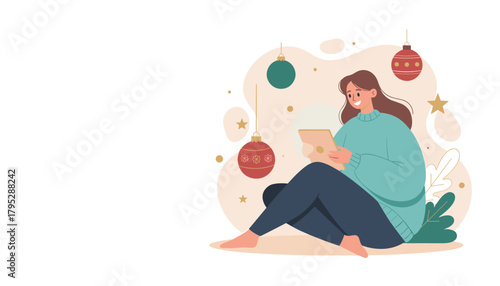 Happy woman relaxing with tablet device and Christmas decorations Festive digital connection