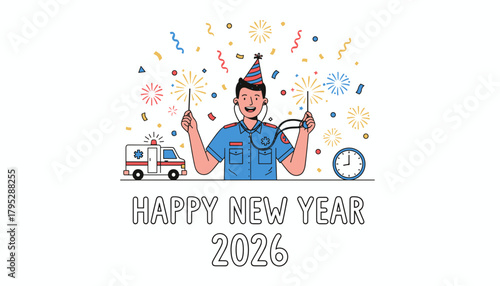 Happy New Year 2026 illustration Paramedic celebrating with sparklers and confetti