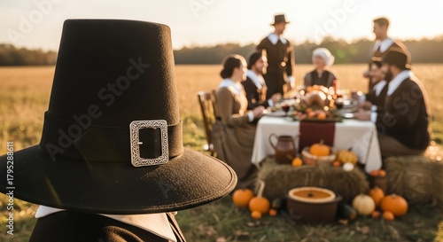 Pilgrims gathering feast autumn harvest scene