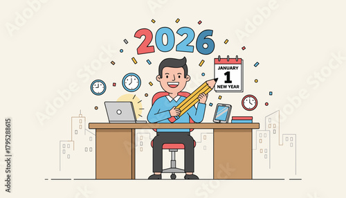Happy businessman planning goals for New Year 2026 holding a pencil at his office desk