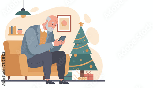 Lonely elderly man uses smartphone by the Christmas tree Sadness and isolation during holidays