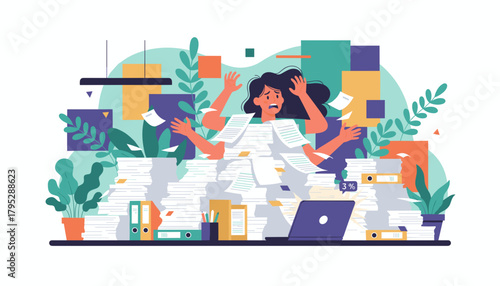 Stressed businesswoman buried in a mountain of documents symbolizing bureaucracy burnout and overload
