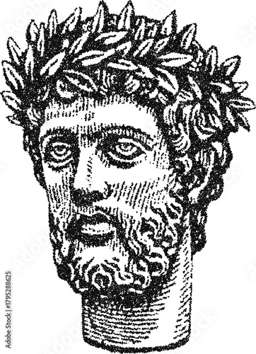 Stipple portrait of a Roman emperor or Greek god with a laurel wreath crown. Vector illustration for history, mythology, and classical art themes, isolated on white
