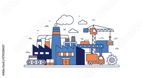 Modern industrial factory illustration showing production logistics and manufacturing processes
