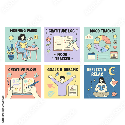 Daily mental health routine vector set Morning pages gratitude mood tracking and goal setting