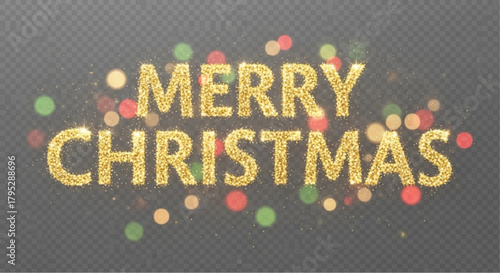 Elegant golden Merry Christmas typography sparkles amidst a cascade of festive bokeh lights, conveying holiday cheer. vector illustration
