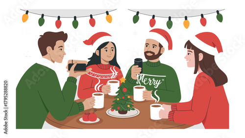 Holiday Get-Together: A heartwarming scene unfolds as a close-knit group of friends gathers during the festive holiday season, engaging in warm camaraderie and sharing moments of joy.
