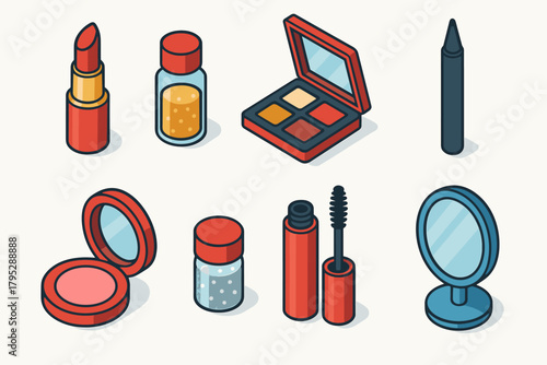 Winter Makeup Icons. Winter Holiday Makeup flat icons: red lipstick, gold shimmer, makeup palette, eyeliner pen, blush compact, silver glitter, mascara tube, mirror.