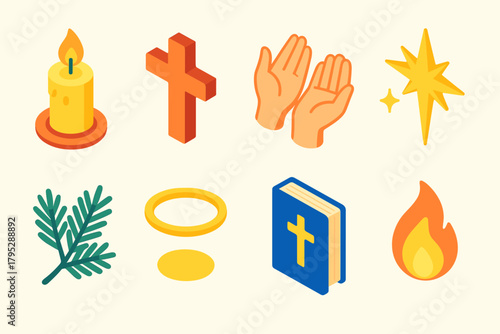 Christmas Prayer Icons. Christmas Candlelight Prayer flat icons: glowing candle, cross, open hands, star of Bethlehem, pine branch, halo light, prayer book, gentle flame.