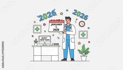 Medical professional holding January 1 2026 calendar page Happy New Year concept