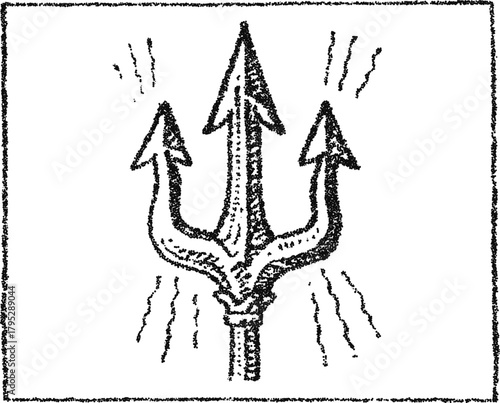 A glowing trident, the mythical weapon of Poseidon and Neptune, in a framed stipple illustration. Vector symbol of sea power, mythology, and divinity