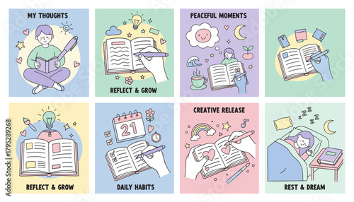 Journaling reflection and selfcare concept illustrations Daily habits and peaceful moments