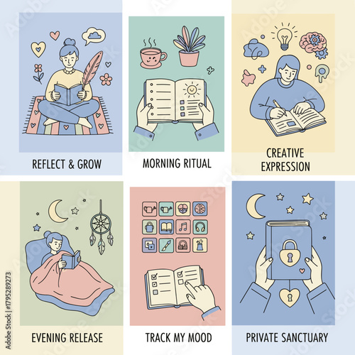 Six illustrated panels depicting mental wellness selfcare and journaling concepts routine reflection and growth