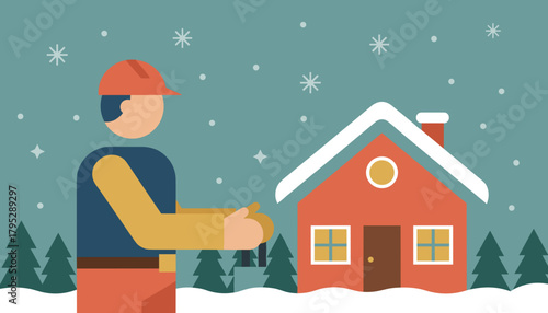 Professional worker standing next to a house covered in snow during a winter storm