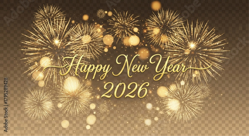 The image is a festive illustration that wishes a Happy New Year 2026, complete with a celebratory fireworks display, and a feeling of hope. vector illustration