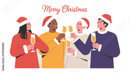 Christmas Cheer Toast: A diverse group of friends, adorned in festive hats, raise champagne flutes in a joyful toast, celebrating the holiday season with warmth and togetherness.