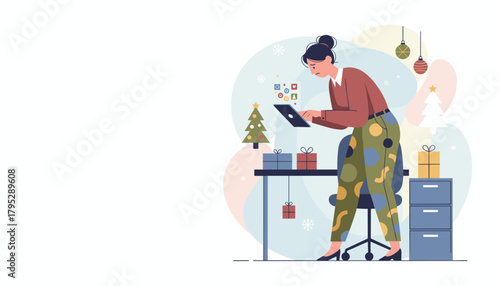 Stressed woman works on tablet surrounded by holiday decorations and social media icons